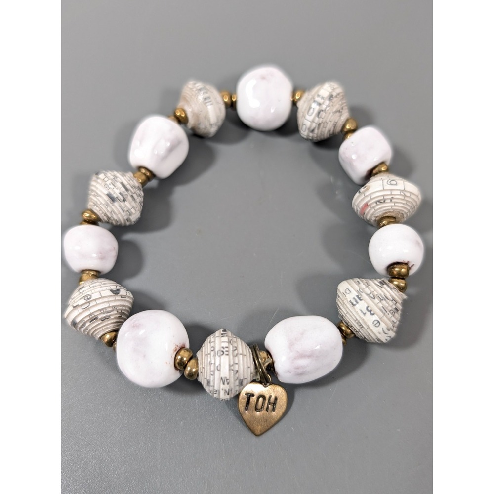 Trades of Hope White Ceramic Roll Bead Stretch Bracelet Boho Tribal‎ 7.5 in